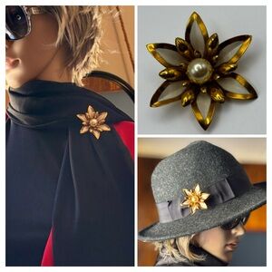 Vintage MCM Layered Gold-Tone & Cream Enamel Floral Brooch